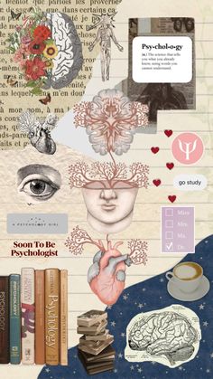 a collage of books and pictures with words on them