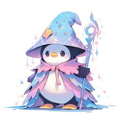 a cartoon penguin dressed as a wizard with a wand and hat on it's head