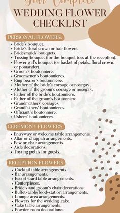 the wedding flower checklist is shown here