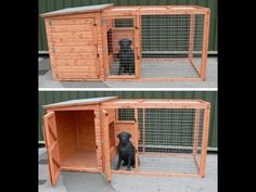 two pictures of a dog in a wooden kennel