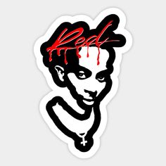 a sticker with the image of a woman's face and blood dripping from her hair