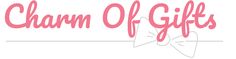 the charm of gifts logo is shown in pink and white, with an image of a bow