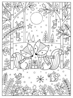 a coloring page with two foxes in the woods