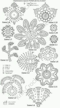 the crochet pattern is shown in black and white, which includes four rows of flowers