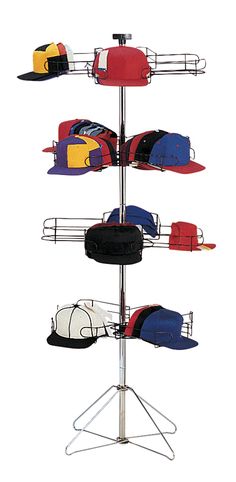 PRICES MAY VARY. 64"H x 26" Chrome and Black Finish Sign Holder Included Four Rotating Tiers retail hat display Help your customers accessorize! With the 4-Tier Hat Rack, you are provided with four rotating tiers that can hold up to 96 caps! Attract customers to the display by placing it on the floor next to coordinating clothing items, or next to the counter in encourage an impulse buy. The Cap Rack stands 64" High with a 26" diameter and a 26" wide base. In chrome finish, this floor standing c Standing Hat Rack, Cap Rack, Hat Racks, Caps And Hats, Hat Display, Hat Rack, Store Fixtures, Sign Holder, Furniture Finishes