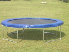 a blue trampoline sitting on top of a green field