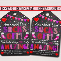 two valentine's day gift tags with the words you knock out, socks off and amazing