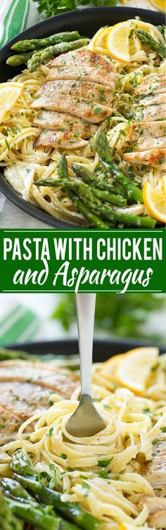 pasta with chicken and asparagus in a skillet on a green plate, topped with lemon wedges