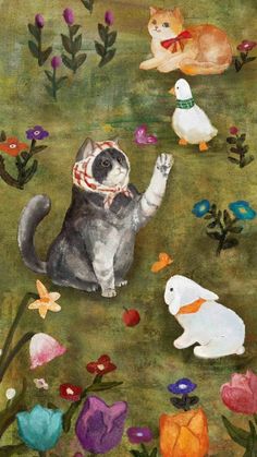 a painting of cats playing in the grass with flowers and birds around them, one cat is reaching up for something