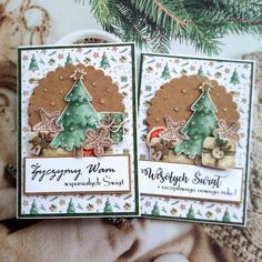 two cards with christmas trees on them