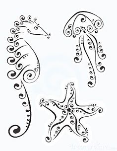 two seahorses with swirly designs on their backs, one in the shape of a starfish