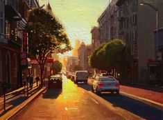 an oil painting of cars driving down a city street at sunset or sunrise, with buildings and trees on either side