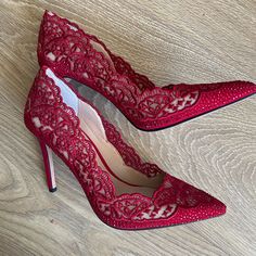 Brand New Lace Pump With Dainty Sparkling Studs. Comes With Original Box. Quinceanera High Heels Red, Quince Heels Red, Quinceanera High Heels, Dark Red High Heels, Quinceanera Heels, Quince Heels, Lace Pumps, Heels Red, Red High Heels