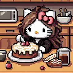 an image of a hello kitty eating cake