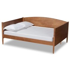 a wooden bed frame with white sheets and pillows on it's headboard, against a white background