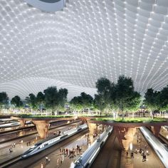 an artist's rendering of a train station with people walking and trains on the tracks