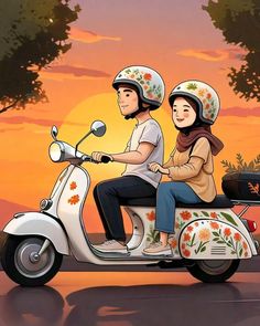 a man and woman riding on the back of a scooter in front of a sunset