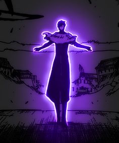 a man standing in front of a purple light with his arms out and hands outstretched