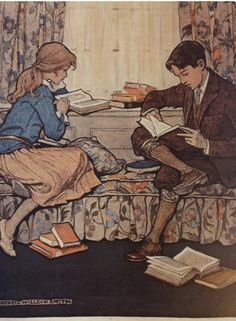 an image of a man and woman sitting on a bed with books in front of them