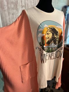 One of a Kind, Upcycled, Reworked Willie Nelson Tee with a light weight sweater kimono to make a One Size Fits most poncho tee.  Country Music, Thrifted, Reworked and Sewn by me. Love thrifting and matching items making a One of a kind shirt/poncho. Aggie Outfits, Reworked Sweater, Sweater Kimono, Clothing Refashion, Upcycled Tshirt, Reworked Clothes, Upcycle Clothing, Hat Bar, Thrift Store Outfits