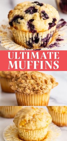 blueberry muffins are stacked on top of each other with the title above it