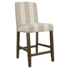 an upholstered bar stool with striped fabric on the back and seat, viewed from the front