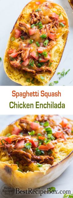 spaghetti squash with chicken enchilada in it and the title above reads spaghetti squash chicken enchilada