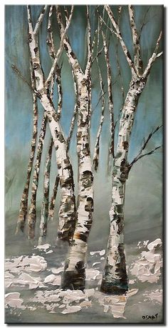 a painting of some trees in the snow