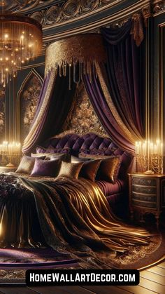 a luxurious bedroom with purple and gold decor