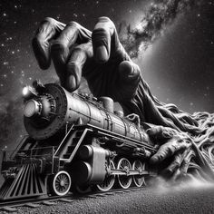 a black and white photo of a train engine with hands coming out of the locomotive