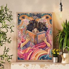 a woman reading a book on top of a mantle next to plants and potted plants