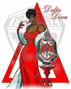 a drawing of a woman in a red dress with her arms out and the words delta on it