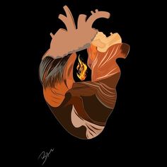 an illustration of a human heart with flames coming out of it's center section