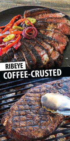 ribs and vegetables cooking on the grill with text overlay that reads ribeye coffee - crusted