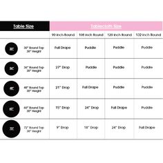 the table size chart for each product is shown in black and white, with pink accents