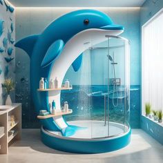 a bathroom with a dolphin shower in the center and shelves on the wall, along with other items