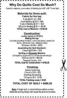 the cost sheet for quilting is shown in black and white, with scissors on it