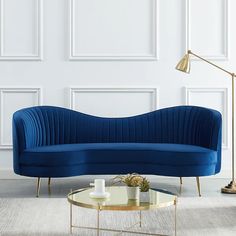 a blue couch sitting on top of a white rug next to a table with a potted plant