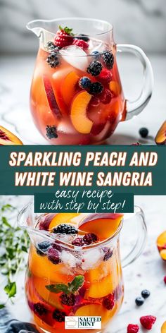 sparkling peach and white wine sangria with raspberry punch in a glass pitcher