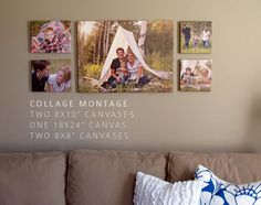 a couch with pillows and pictures on the wall above it that says collage montage two 8x10 canvases one 18x164 canvass