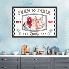 a farm to table sign hanging on the wall