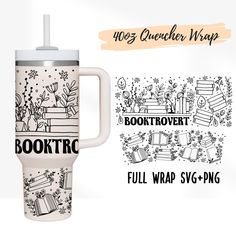 a white coffee mug with black and white illustrations on it, next to the words booktrc