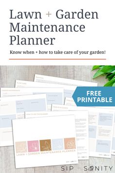 the lawn and garden maintenance planner is shown on top of a wooden table with green plants