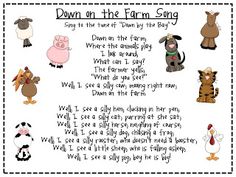 an animal poem with pictures of farm animals and words that say down on the farm song