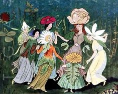 four women in dresses are walking through the grass with flowers on their heads and hands