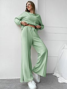 Mint Green Casual  Long Sleeve Polyester Plain   Slight Stretch Spring Women Co-ords Green Loungewear, Big Rangoli, Broadway Show, Short Noir, Cream Hoodie, Drawstring Waist Pants, Big Rangoli Designs, Loungewear Outfits, Athleisure Trend