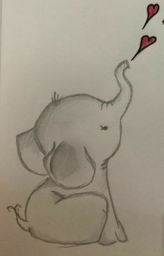 a drawing of an elephant with hearts coming out of it's trunk and its trunk in the air