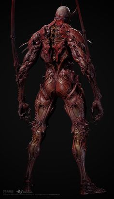 an image of a demonic creature with large arms and legs, standing in front of a black background