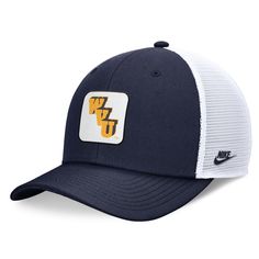 Show off your West Virginia Mountaineers spirit with this Legacy Rise Mascot Trucker Adjustable hat from Nike. This cap features a roomy, high-depth design that's perfect for both sport and style. The embroidered throwback team patch across the front panels adds a touch of classic flair, while the four mesh mid and rear panels provide a breezy feel, ensuring you stay cool and comfortable all day long. This hat offers a comfortable and structured fit with a mid crown, making it an ideal choice fo Collegiate Style Sports Trucker Hat With Flat Brim, White Curved Brim Trucker Hat For College, Nike Casual Sports Trucker Hat, Nike Casual Trucker Hat For Sports, Collegiate White Hat With Flat Brim, White Collegiate Flat Brim Hat, White Collegiate Hat With Flat Brim, Nike Sporty Trucker Hat For Sports, Collegiate White Flat Bill Hat