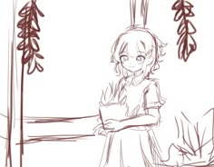 a drawing of a girl standing in front of trees with her arms crossed and looking at something